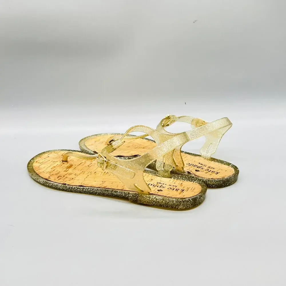 Kate Spade Sandals Womens 9 Gold Plastic Jelly Thong Ankle Strap Flat Shoes